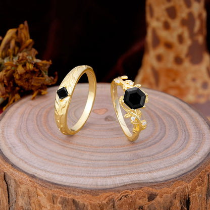 Luxurious Nature Inspired 6-Prong Hexagonal-Cut Black Onyx Engagement Couple Rings