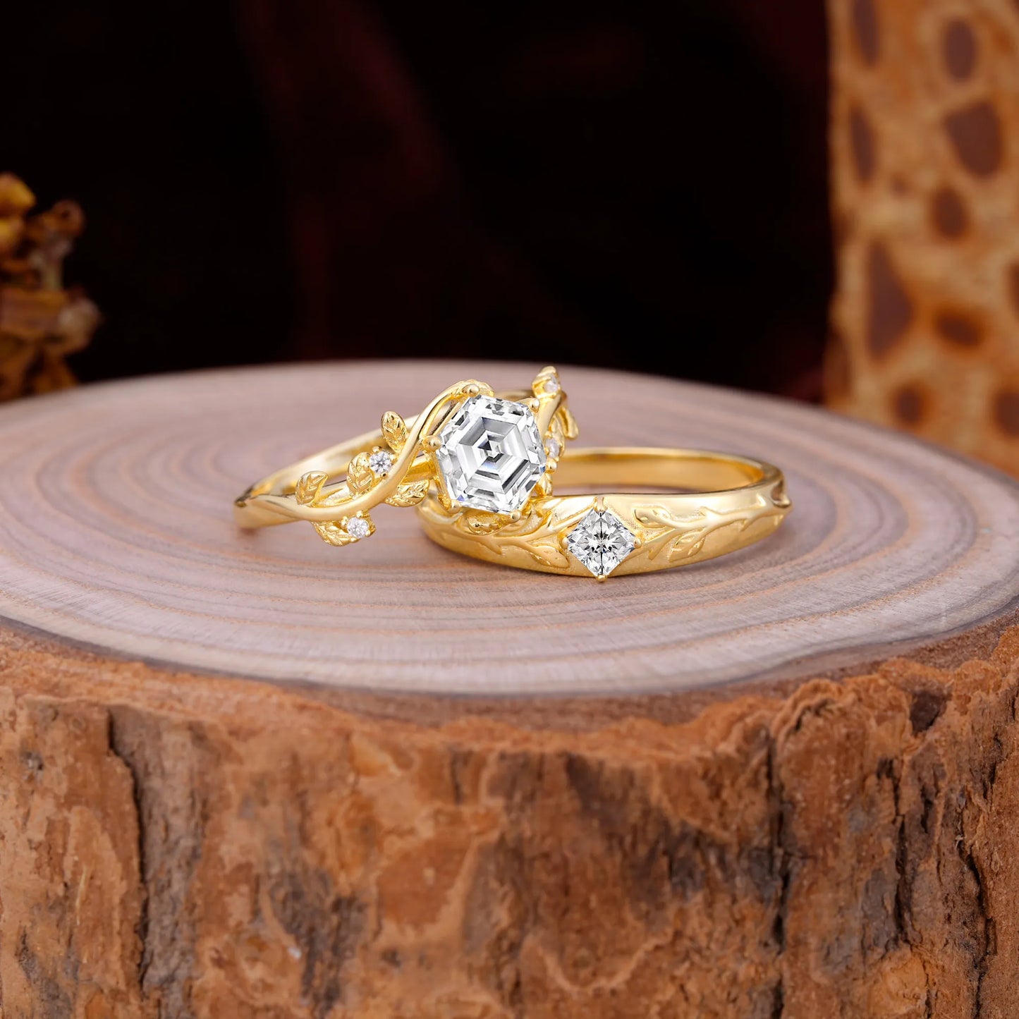 Luxurious Nature Inspired 6-Prong Hexagonal-Cut Lab Diamond Engagement Couple Rings