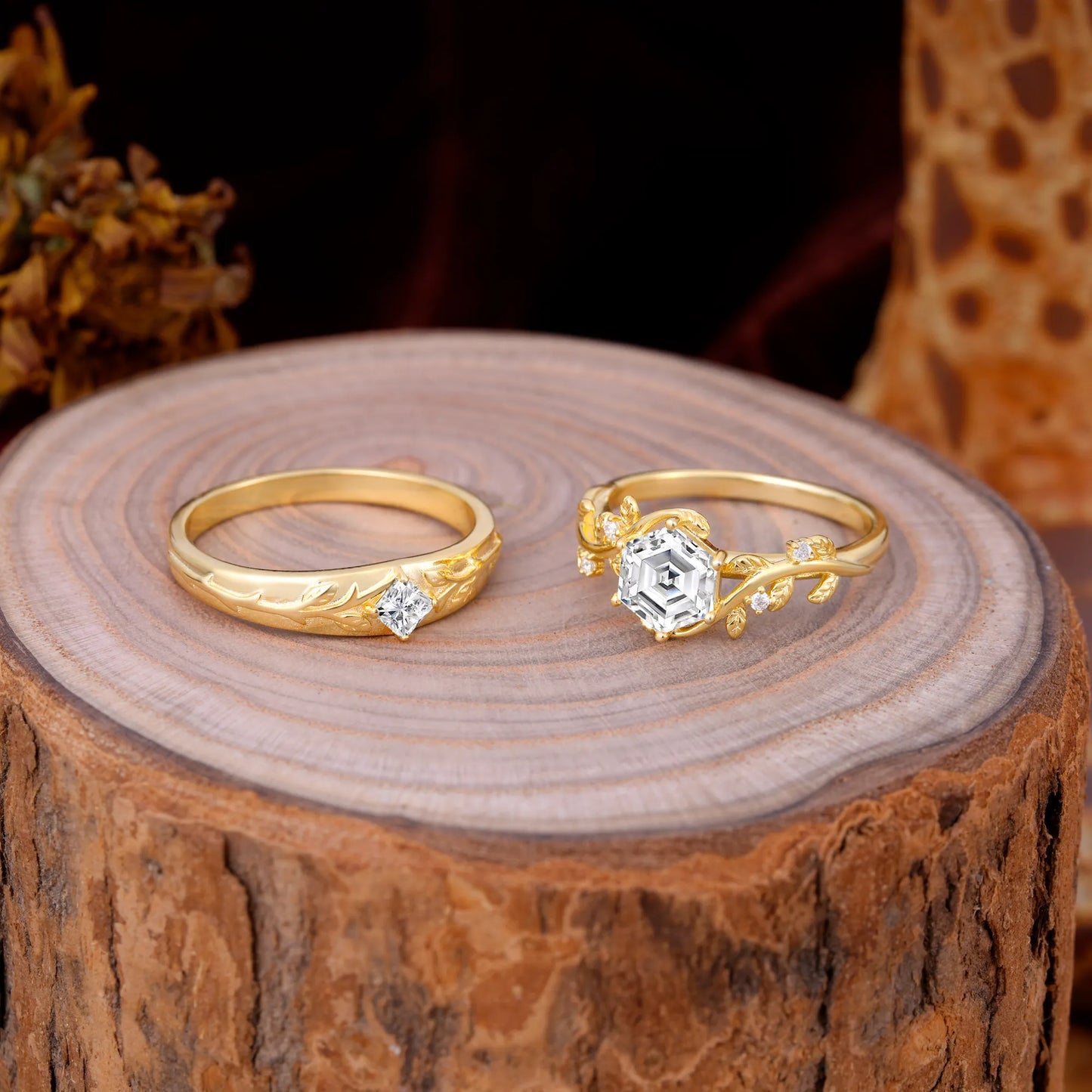Luxurious Nature Inspired 6-Prong Hexagonal-Cut Lab Diamond Engagement Couple Rings
