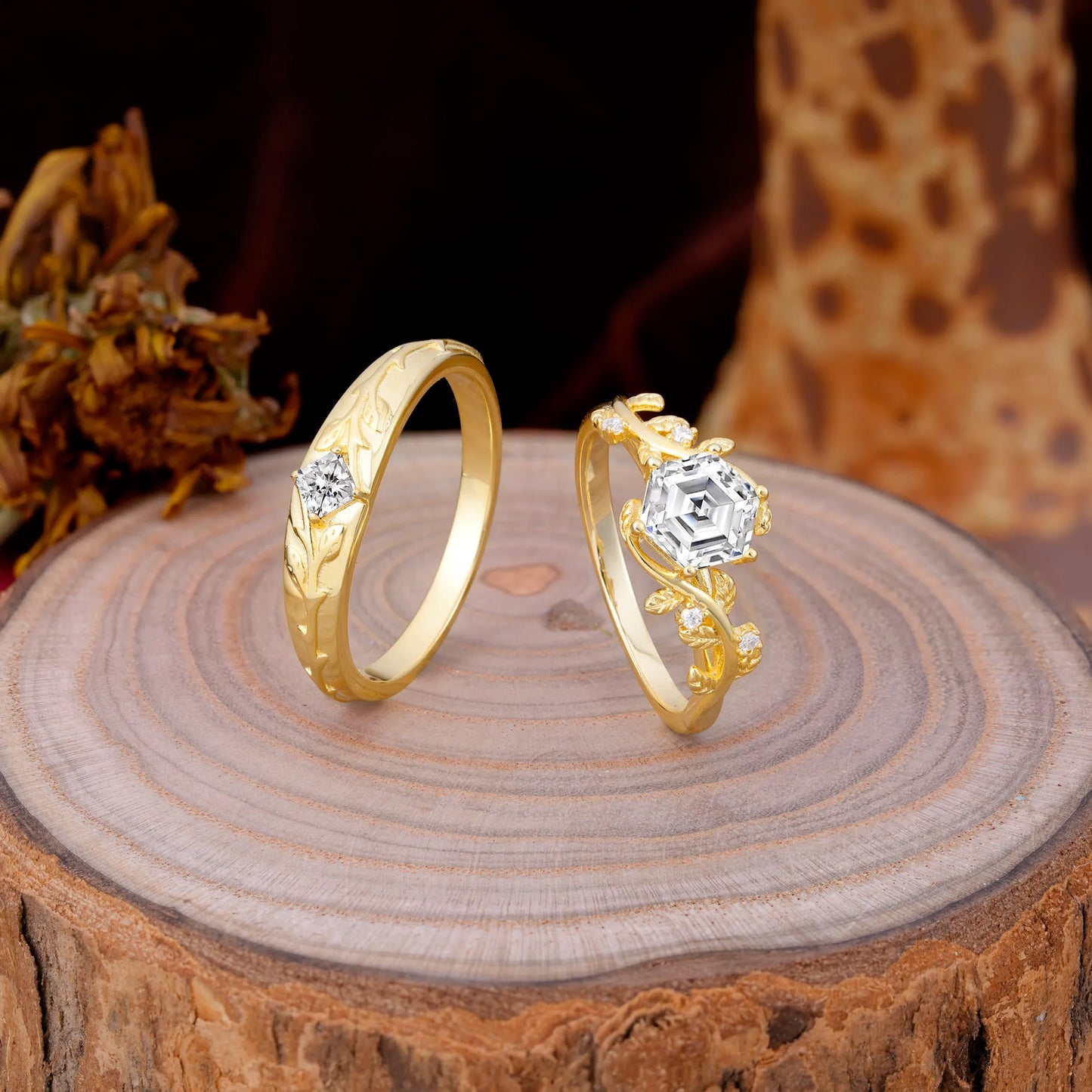 Luxurious Nature Inspired 6-Prong Hexagonal-Cut Lab Diamond Engagement Couple Rings