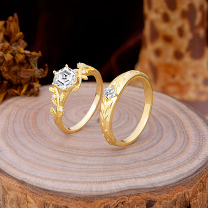 Luxurious Nature Inspired 6-Prong Hexagonal-Cut Lab Diamond Engagement Couple Rings