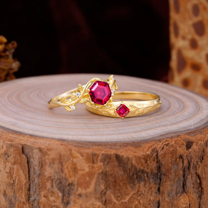 Luxurious Nature Inspired 6-Prong Hexagonal-Cut Ruby Engagement Couple Rings