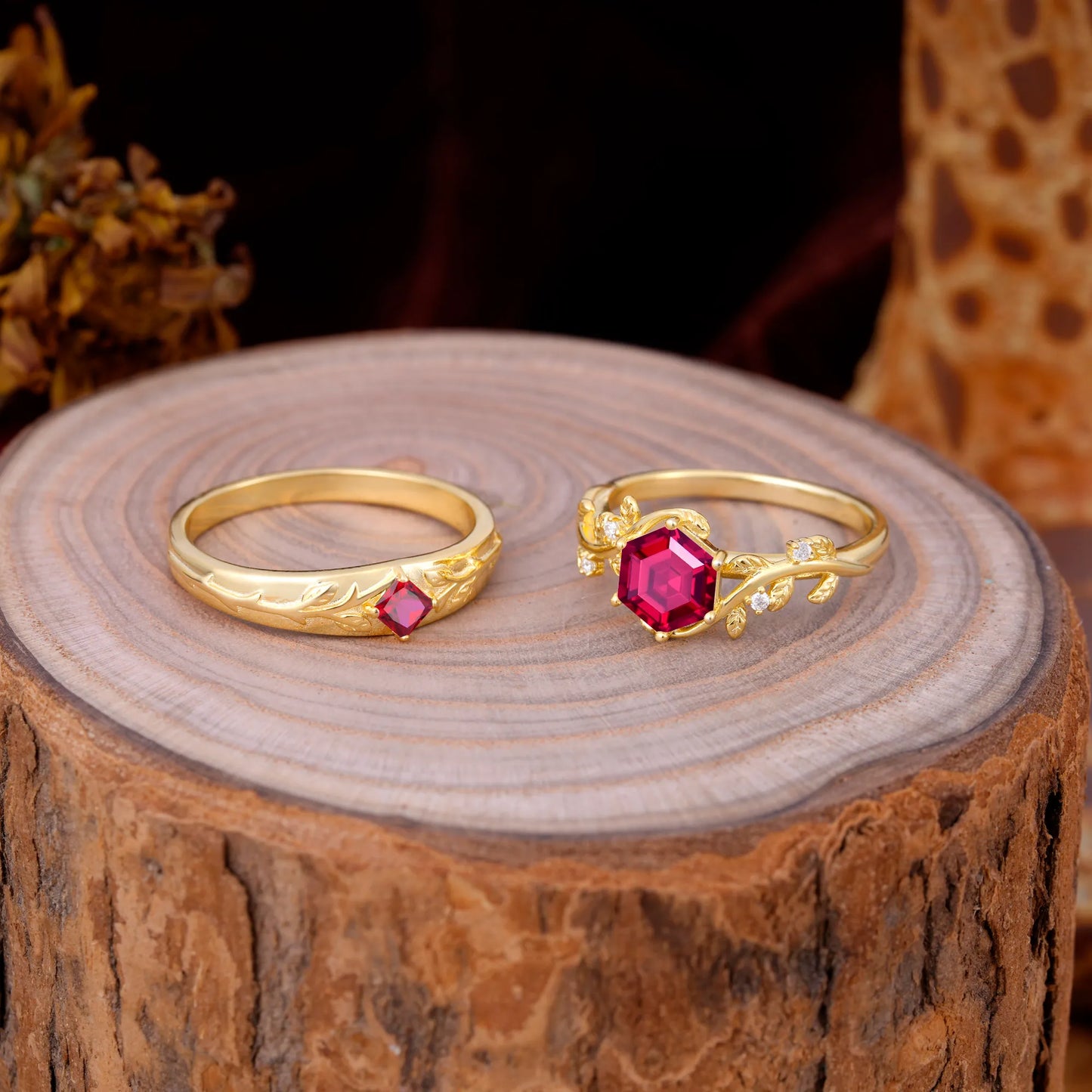 Luxurious Nature Inspired 6-Prong Hexagonal-Cut Ruby Engagement Couple Rings