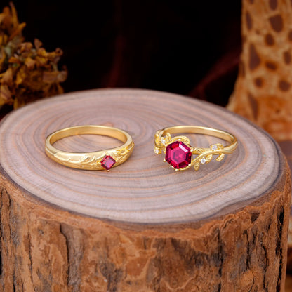 Luxurious Nature Inspired 6-Prong Hexagonal-Cut Ruby Engagement Couple Rings