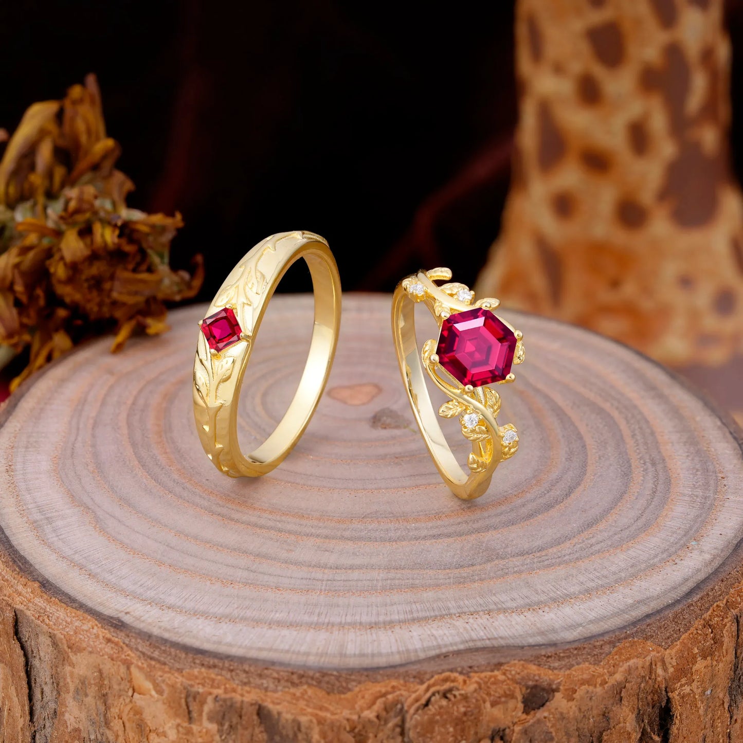 Luxurious Nature Inspired 6-Prong Hexagonal-Cut Ruby Engagement Couple Rings