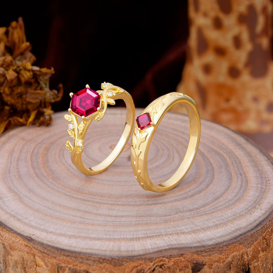 Luxurious Nature Inspired 6-Prong Hexagonal-Cut Ruby Engagement Couple Rings
