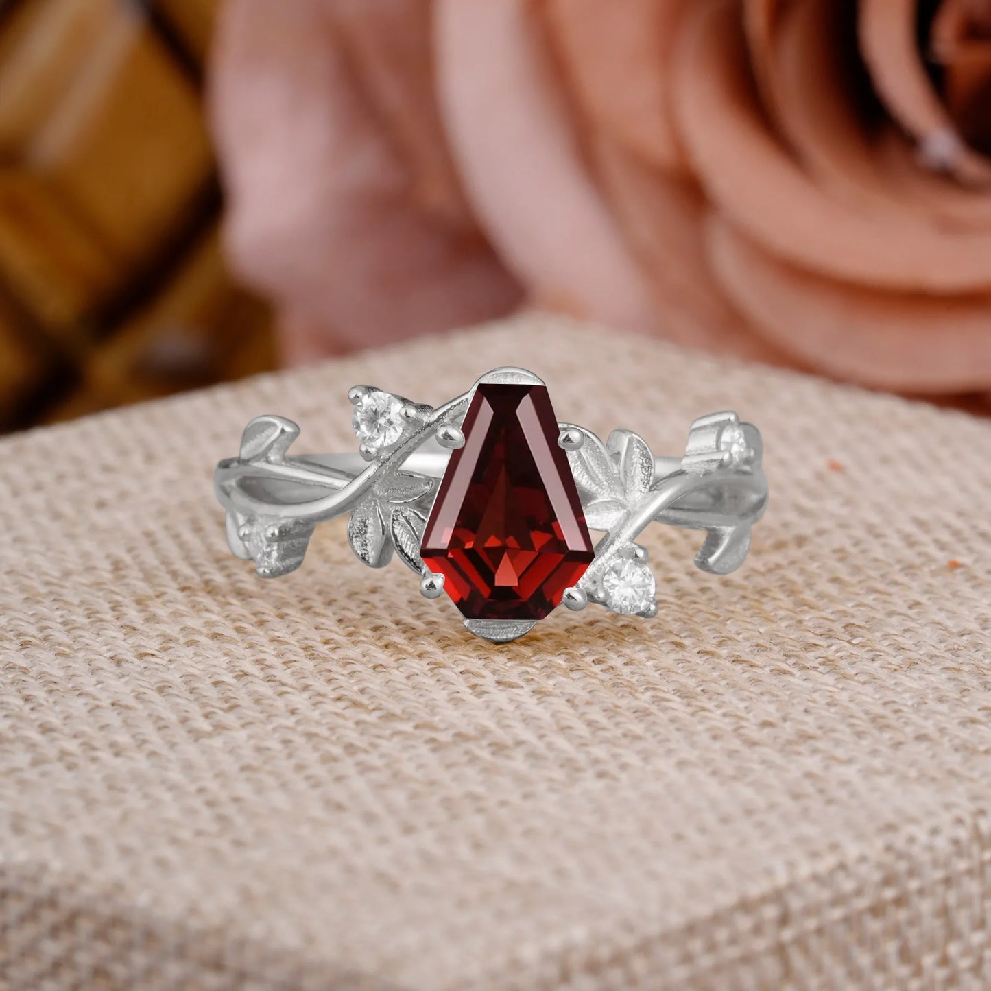 Nature Inspired 4 Prong Coffin-Cut Natural Garnet Engagement Ring