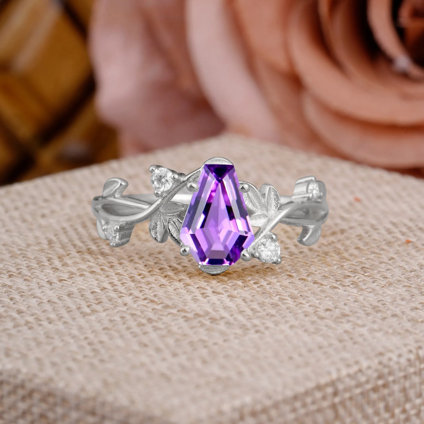 Nature Inspired 4 Prong Coffin-Cut Natural Amethyst Engagement Ring