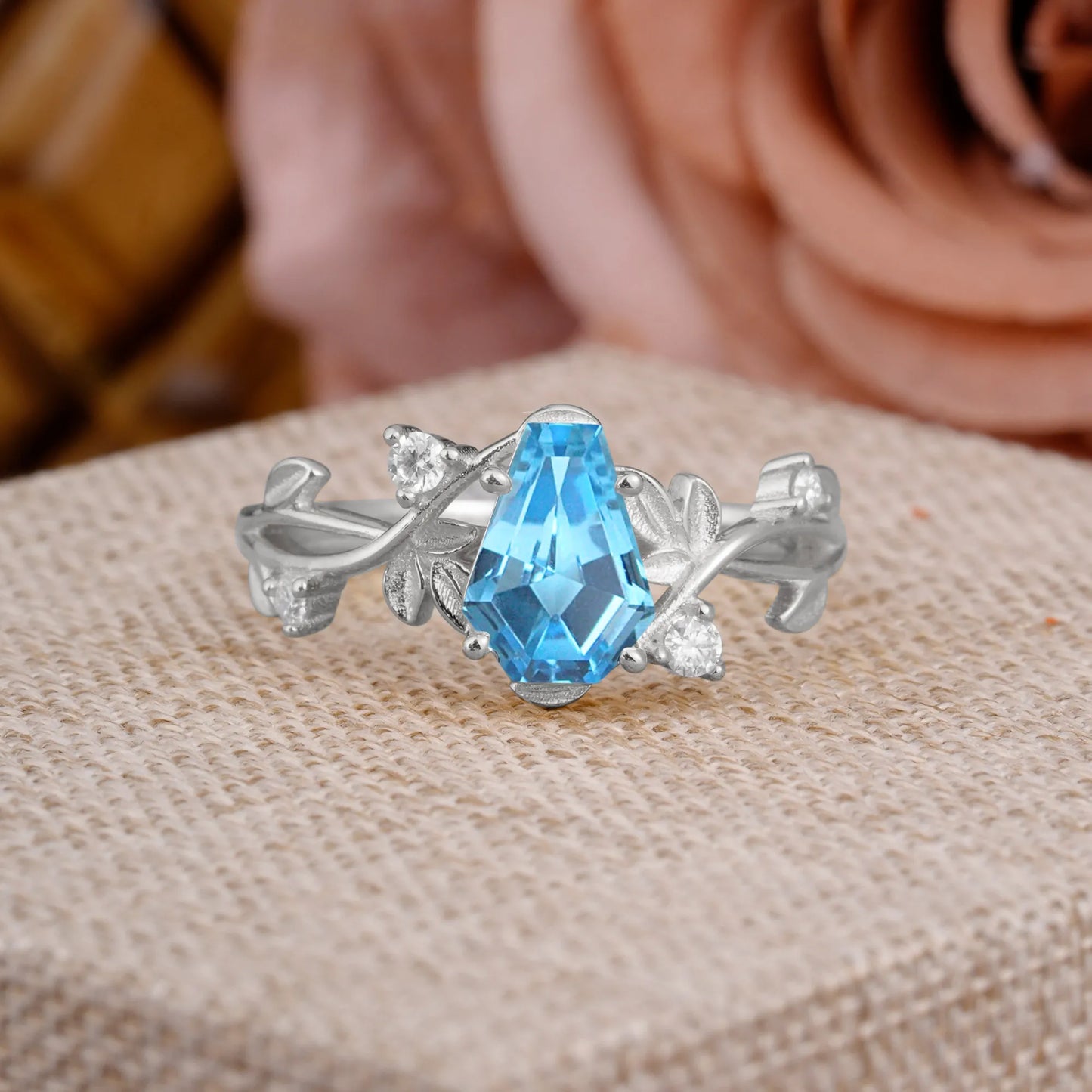 Nature Inspired 4 Prong Coffin-Cut Aquamarine Engagement Ring