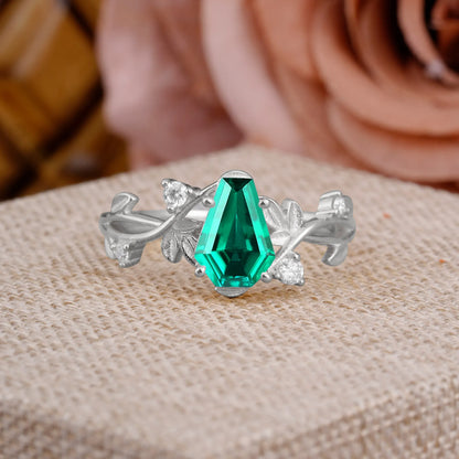 Nature Inspired 4 Prong Coffin-Cut Emerald Engagement Ring