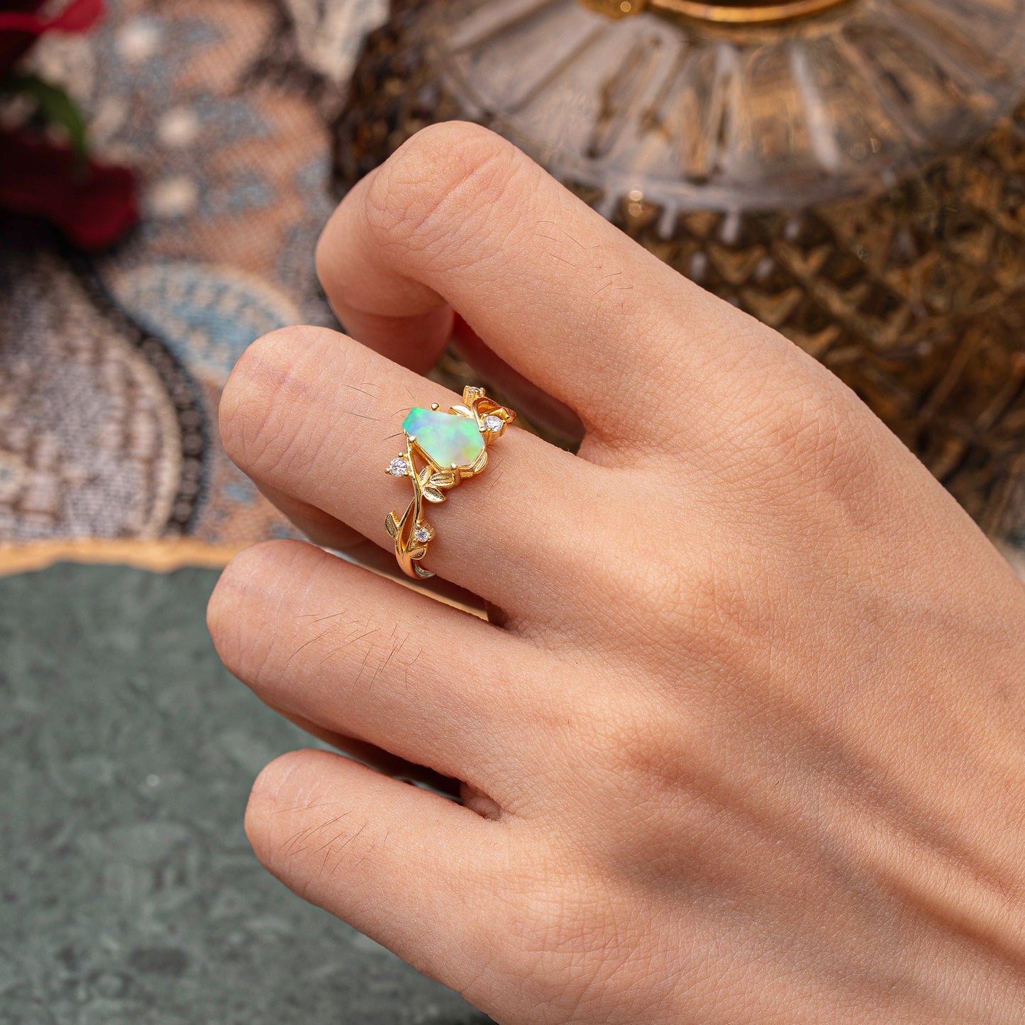 Nature Inspired Coffin-Cut Opal Engagement Ring