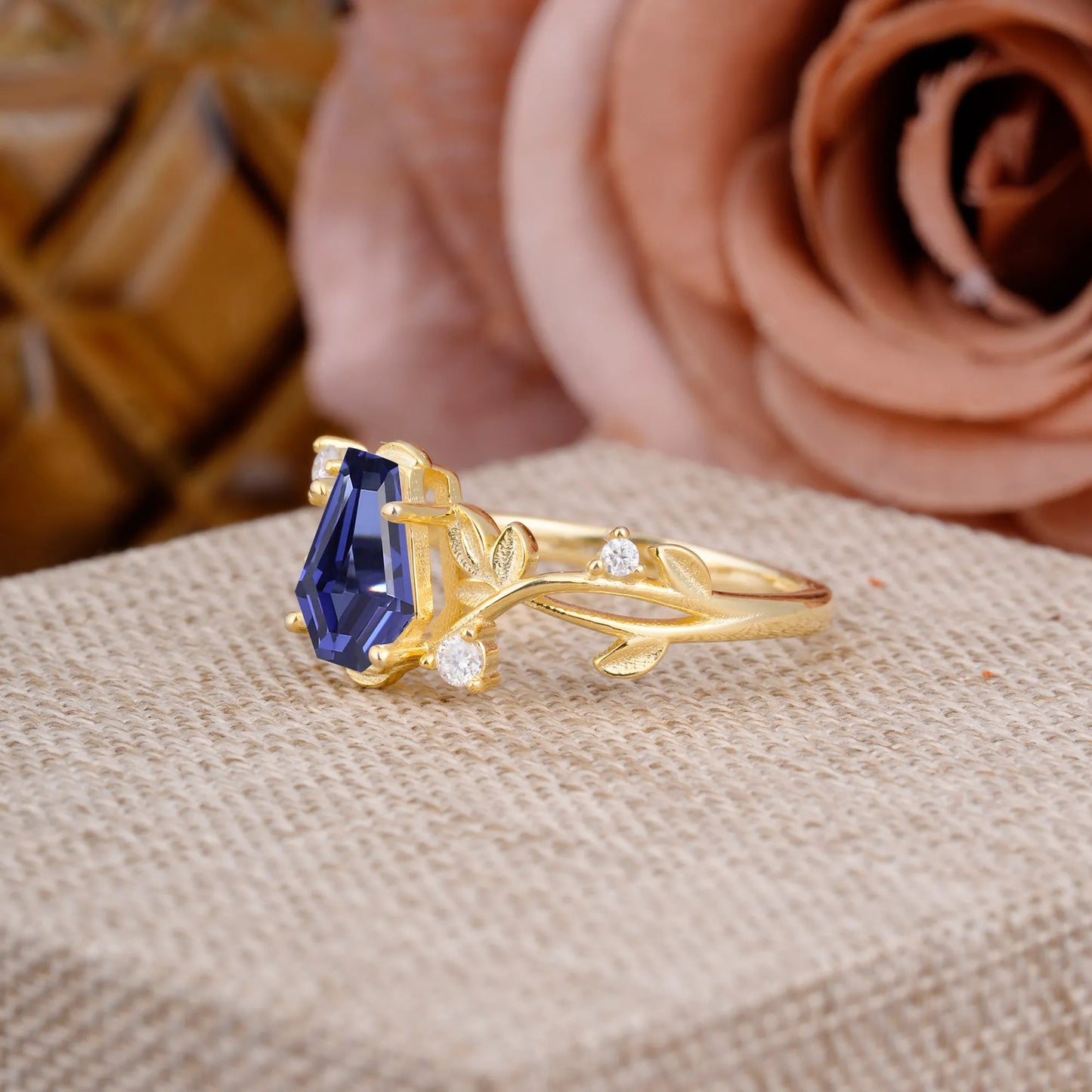 Nature Inspired 4 Prong Coffin-Cut Tanzanite Engagement Ring