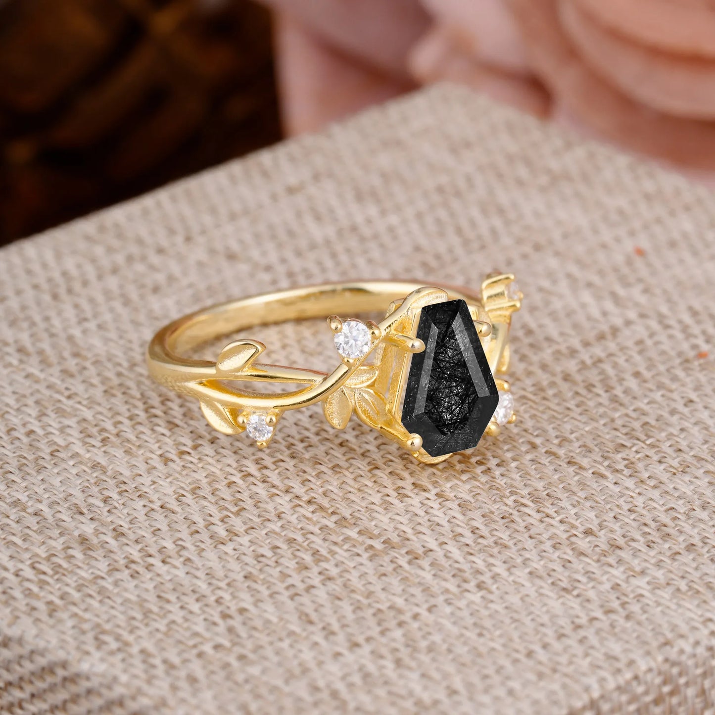Nature Inspired 4 Prong Coffin-Cut Black Rutilated Quartz Engagement Ring