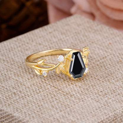 Nature Inspired 4 Prong Coffin-Cut Black Onyx Engagement Ring