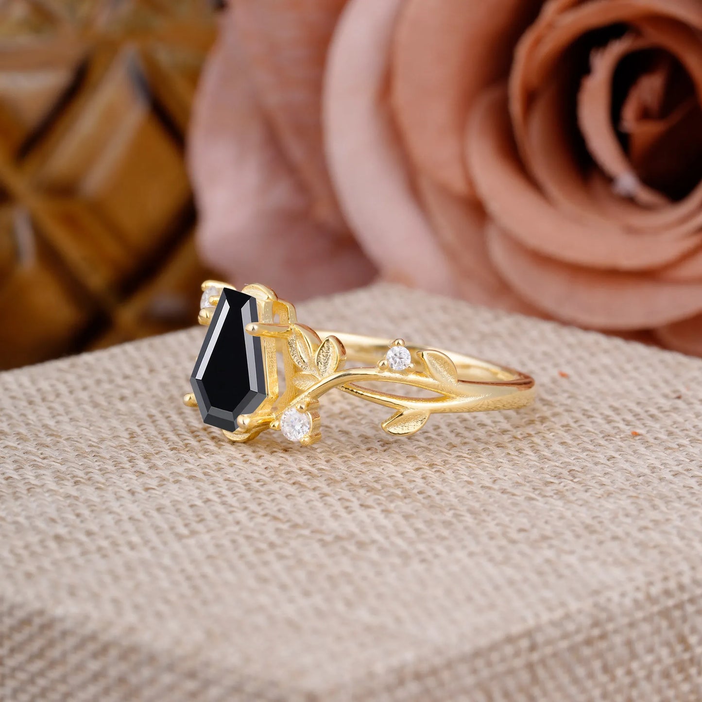 Nature Inspired 4 Prong Coffin-Cut Black Onyx Engagement Ring