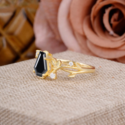 Nature Inspired 4 Prong Coffin-Cut Black Onyx Engagement Ring