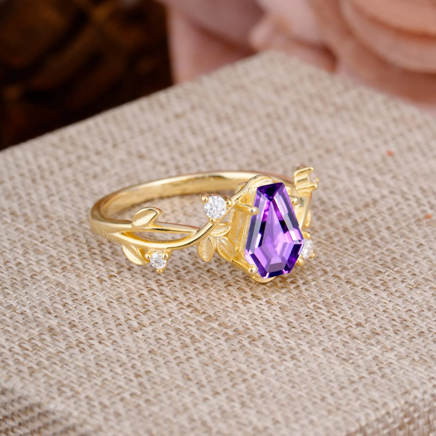 Nature Inspired 4 Prong Coffin-Cut Natural Amethyst Engagement Ring