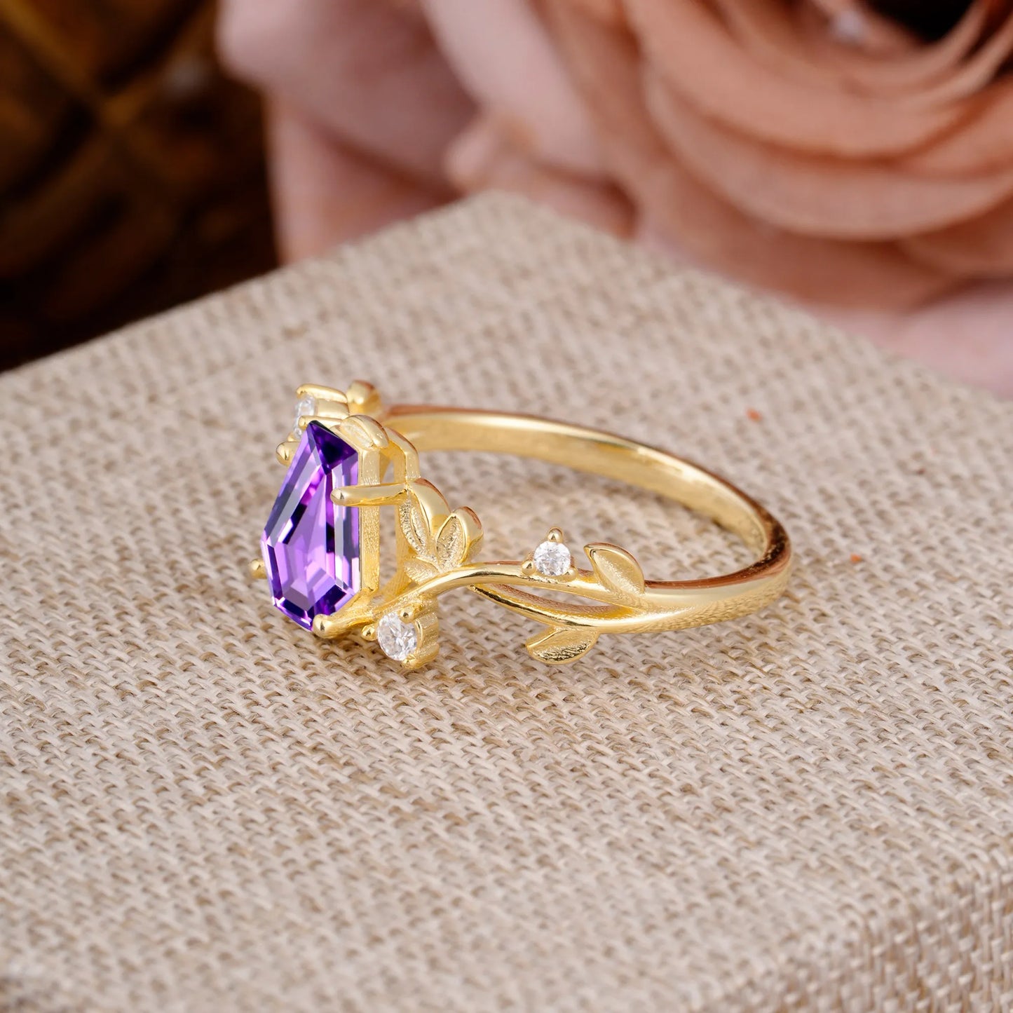 Nature Inspired 4 Prong Coffin-Cut Natural Amethyst Engagement Ring