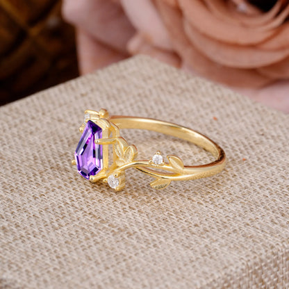 Nature Inspired 4 Prong Coffin-Cut Natural Amethyst Engagement Ring