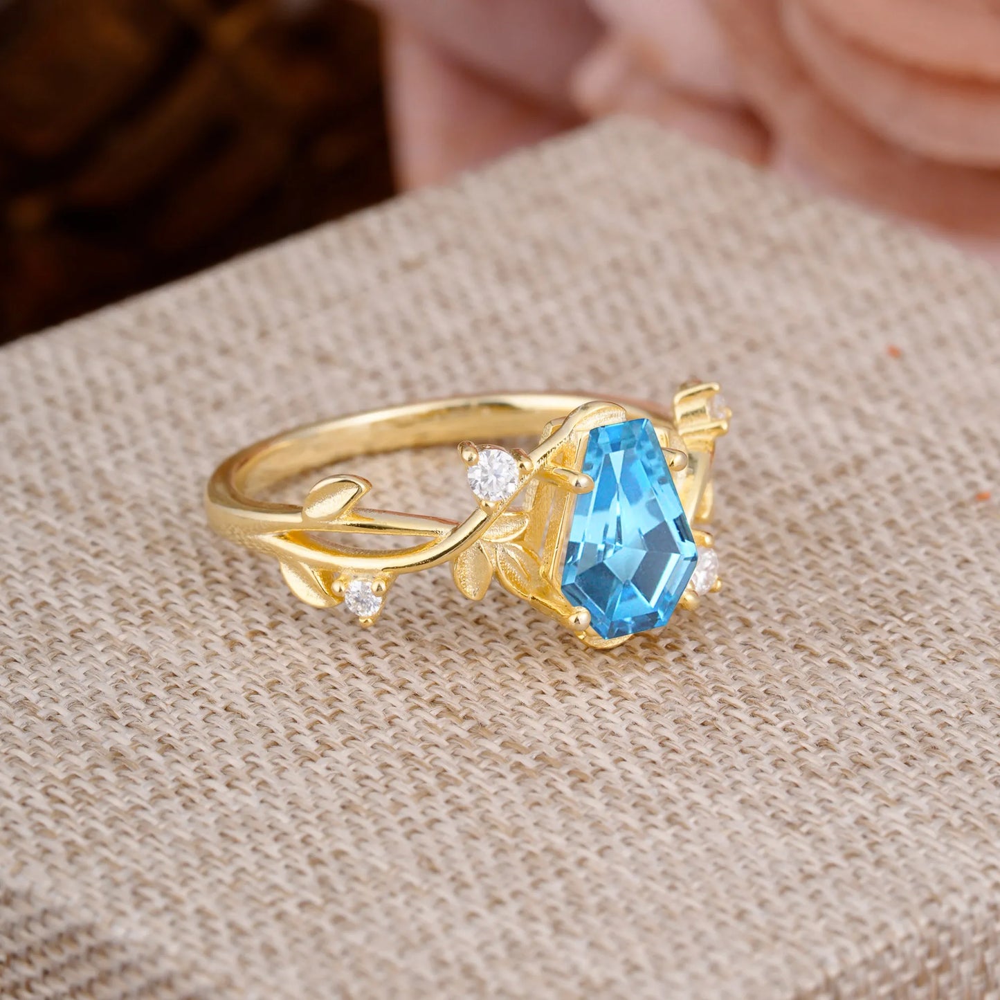 Nature Inspired 4 Prong Coffin-Cut Aquamarine Engagement Ring