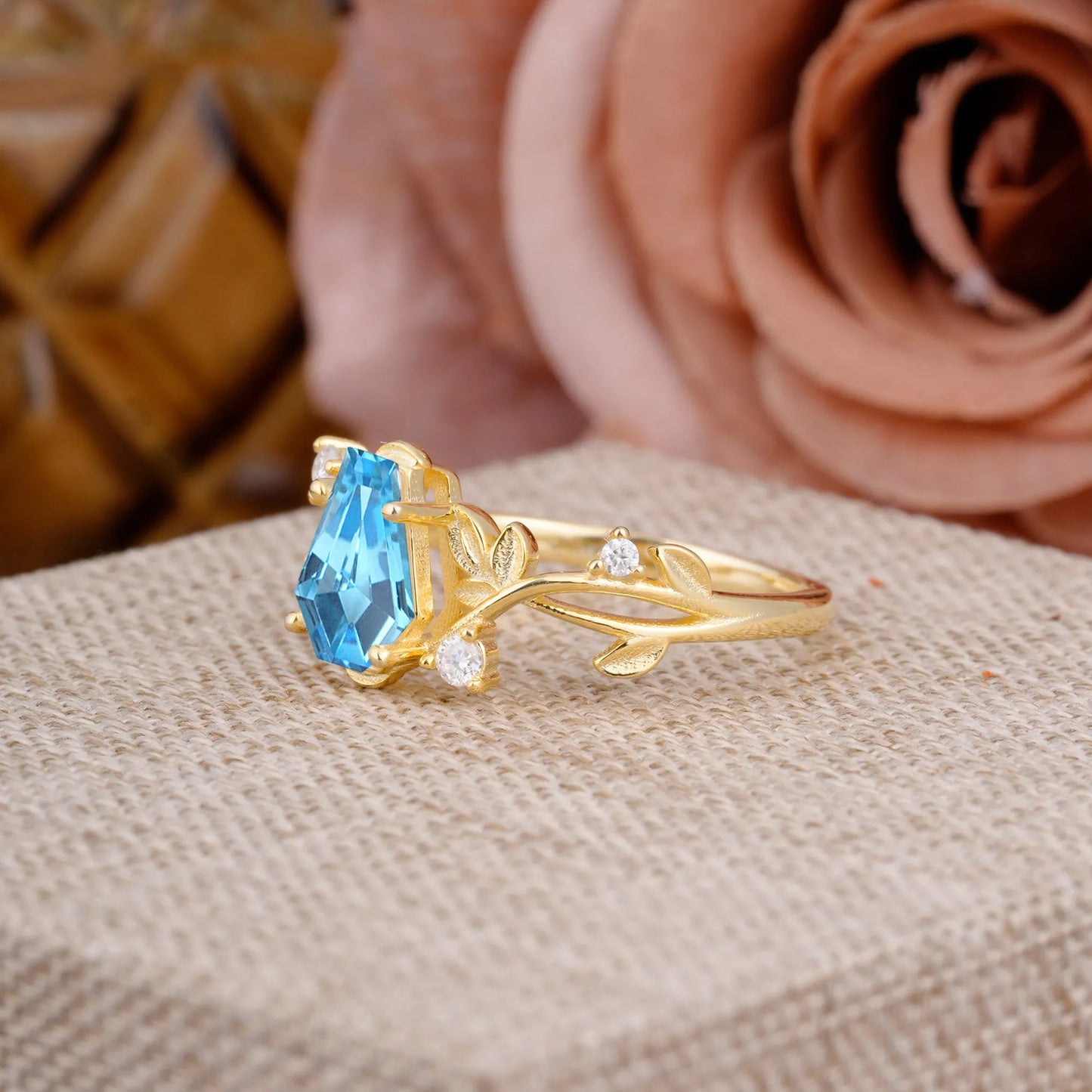 Nature Inspired 4 Prong Coffin-Cut Aquamarine Engagement Ring