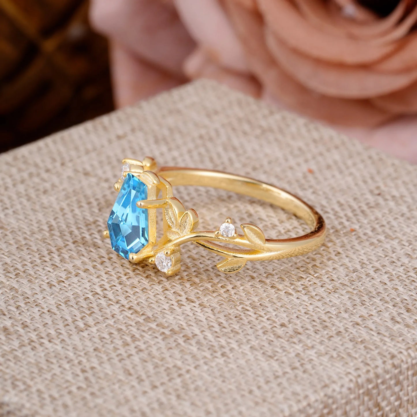 Nature Inspired 4 Prong Coffin-Cut Aquamarine Engagement Ring