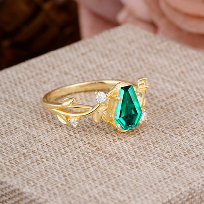 Nature Inspired 4 Prong Coffin-Cut Emerald Engagement Ring