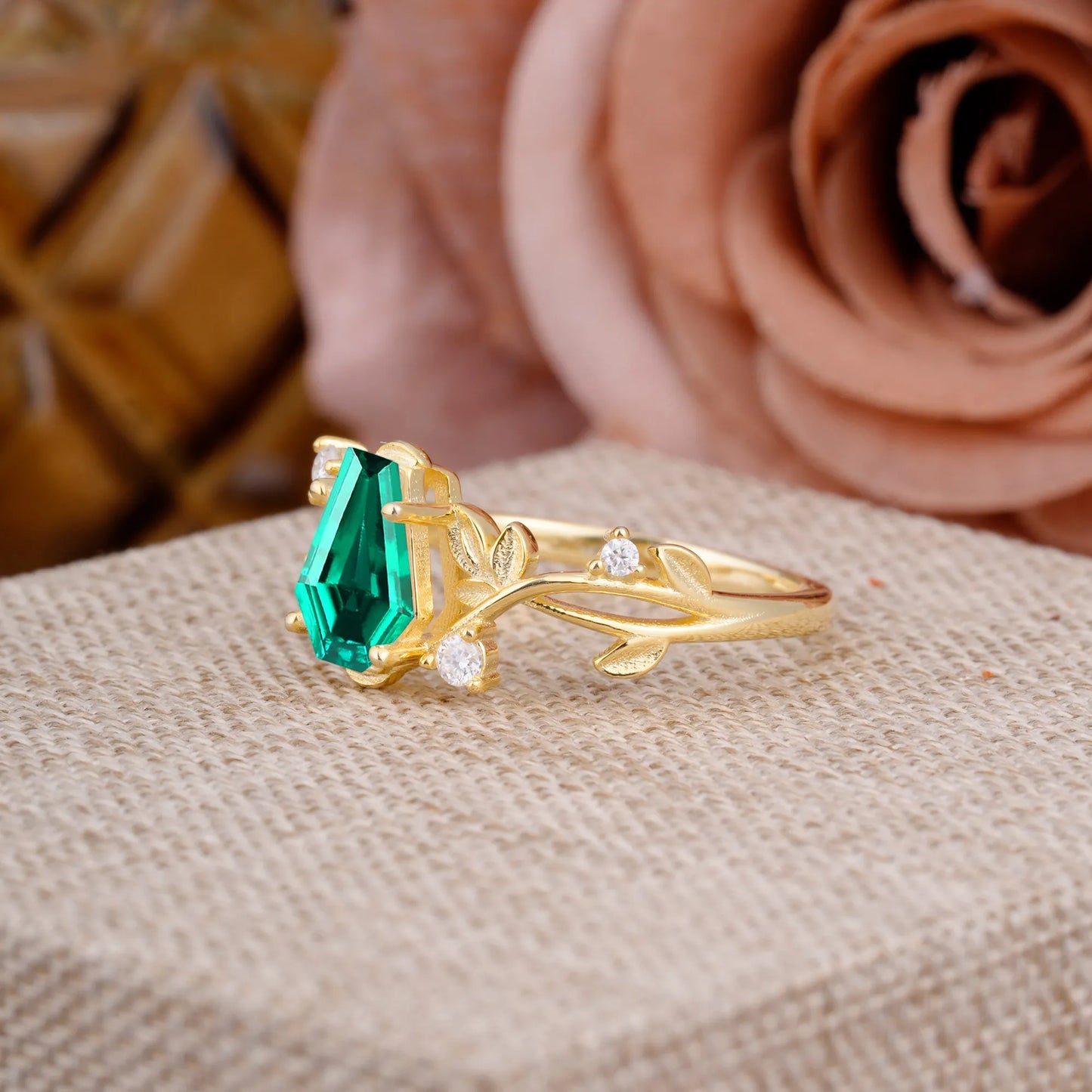 Nature Inspired 4 Prong Coffin-Cut Emerald Engagement Ring