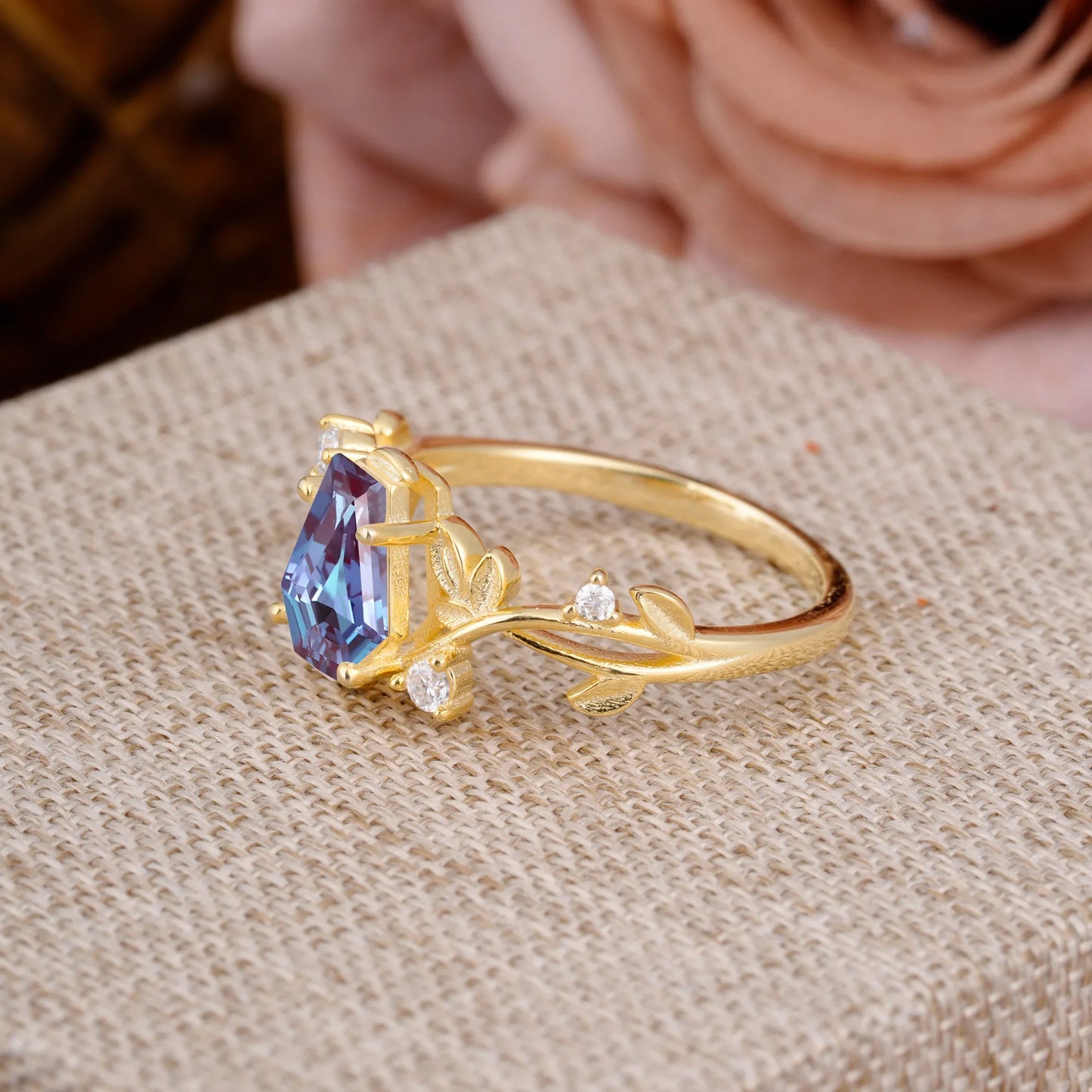 Nature Inspired 4 Prong Coffin-Cut Alexandrite Engagement Ring
