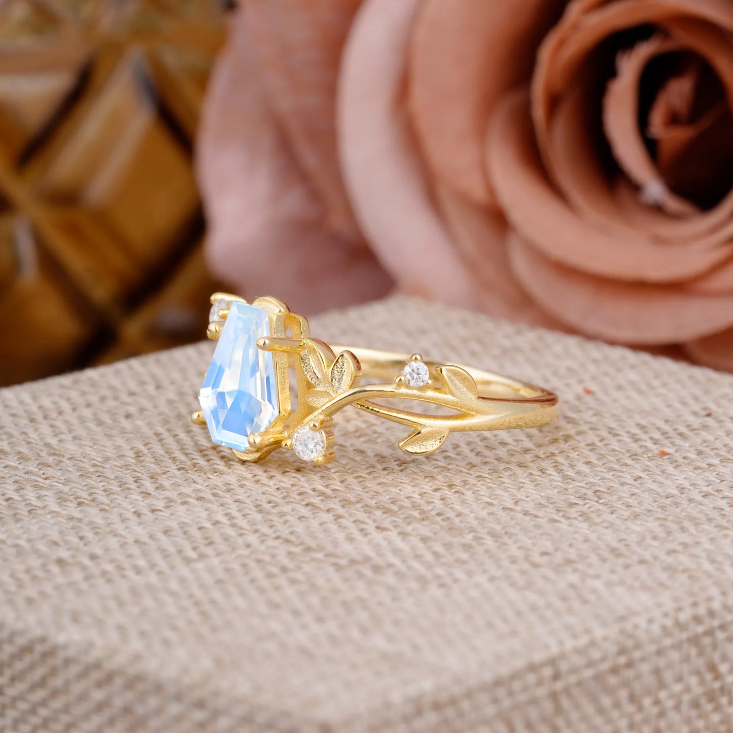 Nature Inspired 4 Prong Coffin-Cut Moonstone Engagement Ring