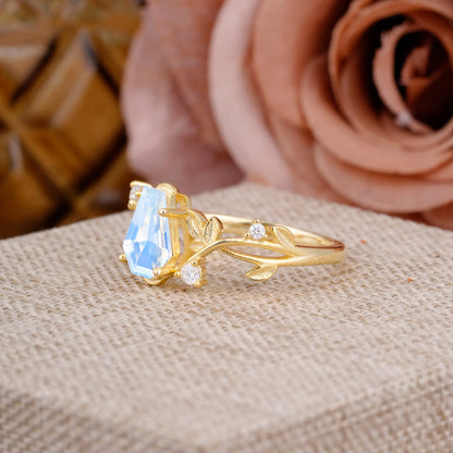 Nature Inspired 4 Prong Coffin-Cut Moonstone Engagement Ring