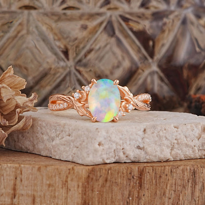 Nature Inspired Golden Vine Oval Opal Engagement Ring
