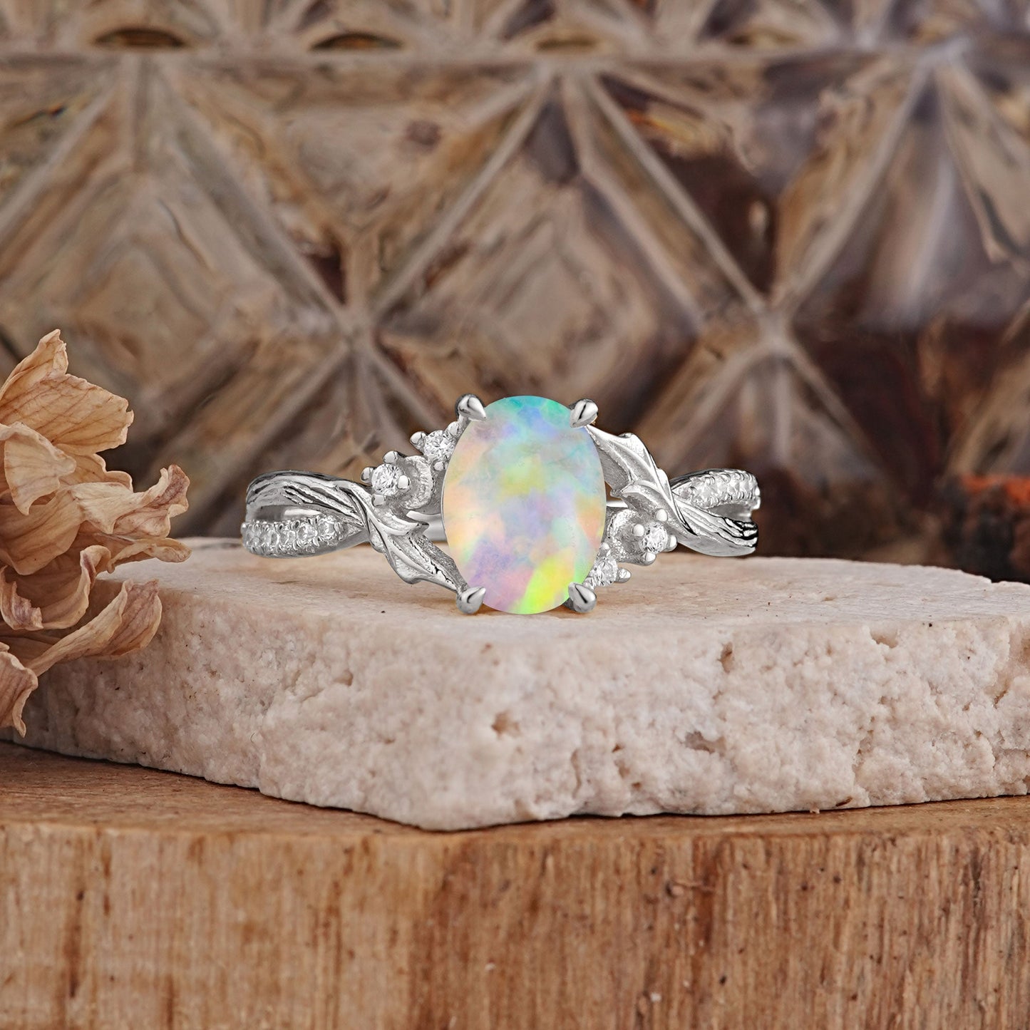 Nature Inspired Golden Vine Oval Opal Engagement Ring