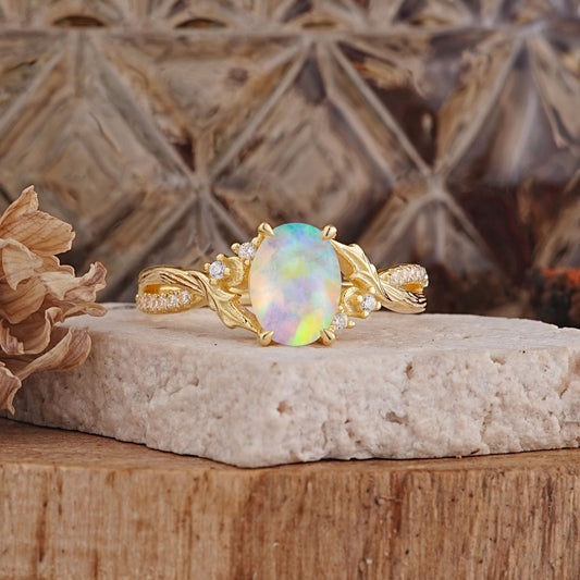 Nature Inspired Golden Vine Oval Opal Engagement Ring