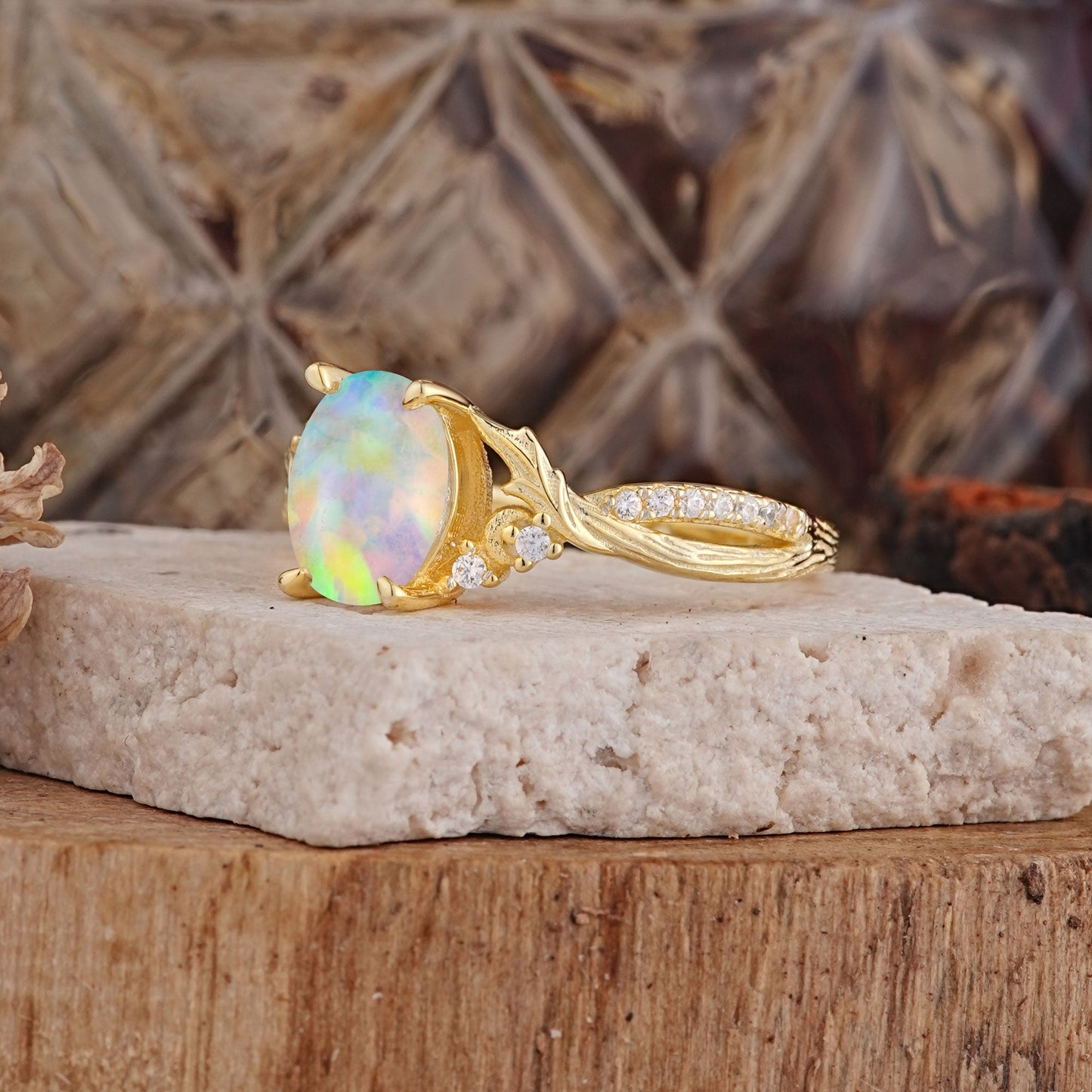 Nature Inspired Golden Vine Oval Opal Engagement Ring