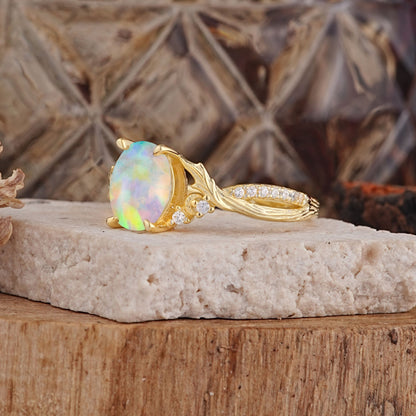Nature Inspired Golden Vine Oval Opal Engagement Ring