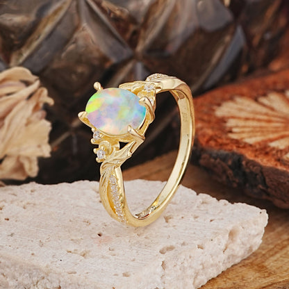 Nature Inspired Golden Vine Oval Opal Engagement Ring