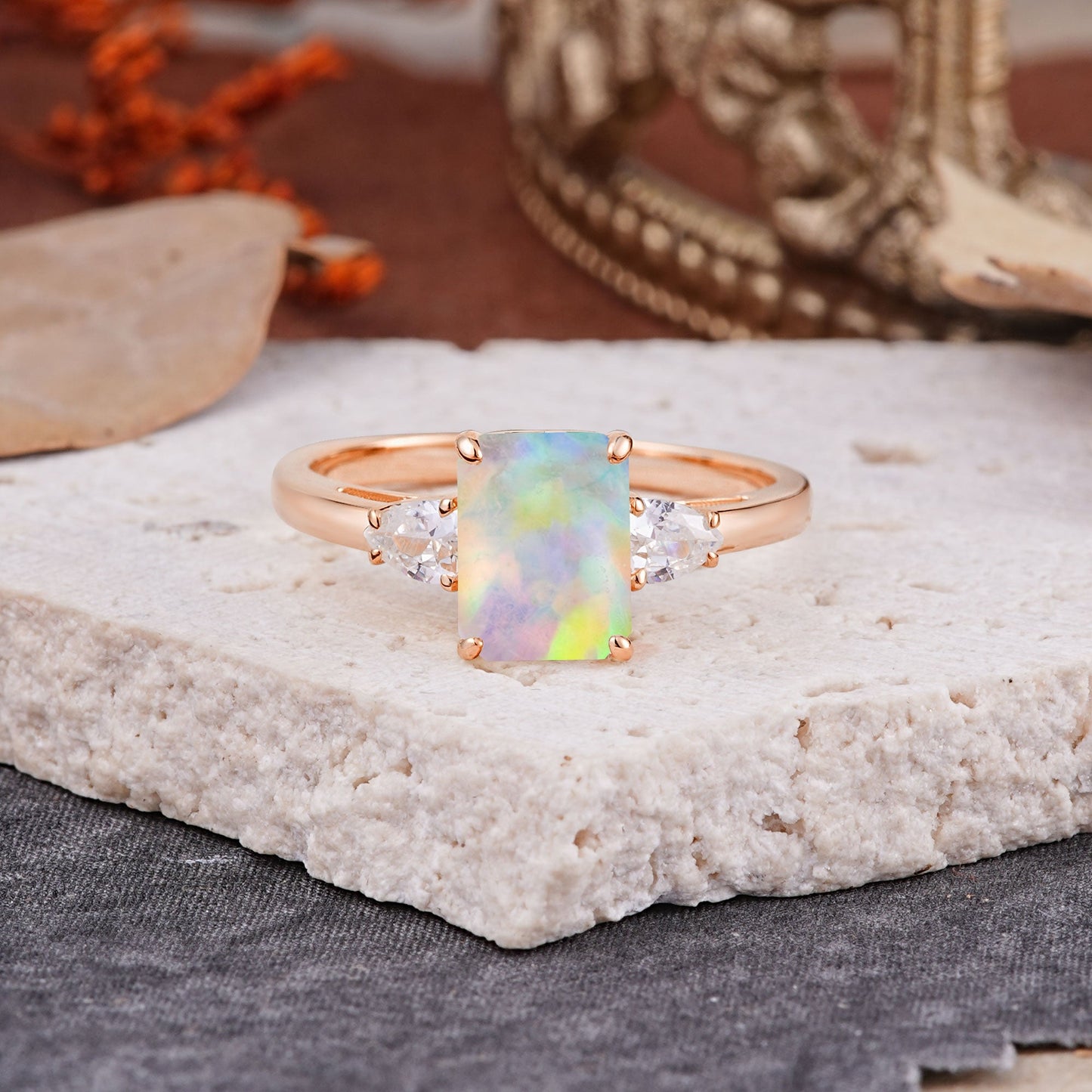 Classic - Style Emerald Cut Opal Engagement Ring