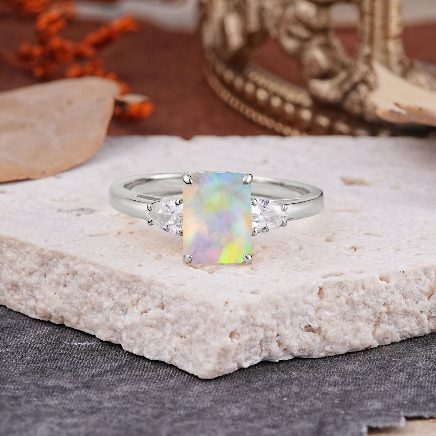 Classic - Style Emerald Cut Opal Engagement Ring