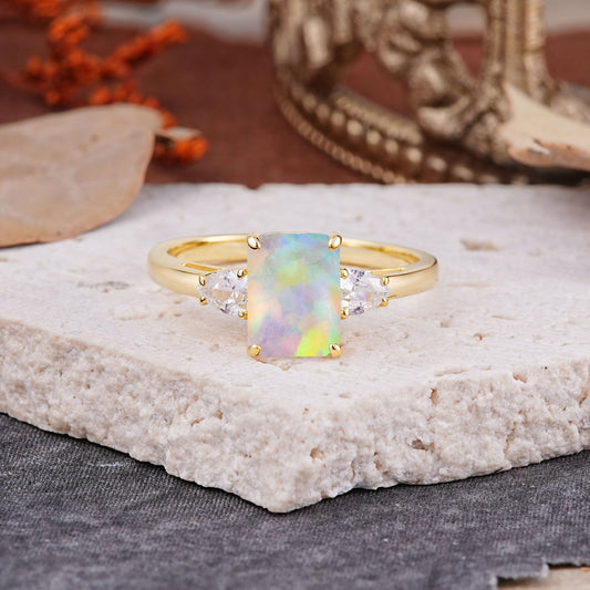 Classic - Style Emerald Cut Opal Engagement Ring