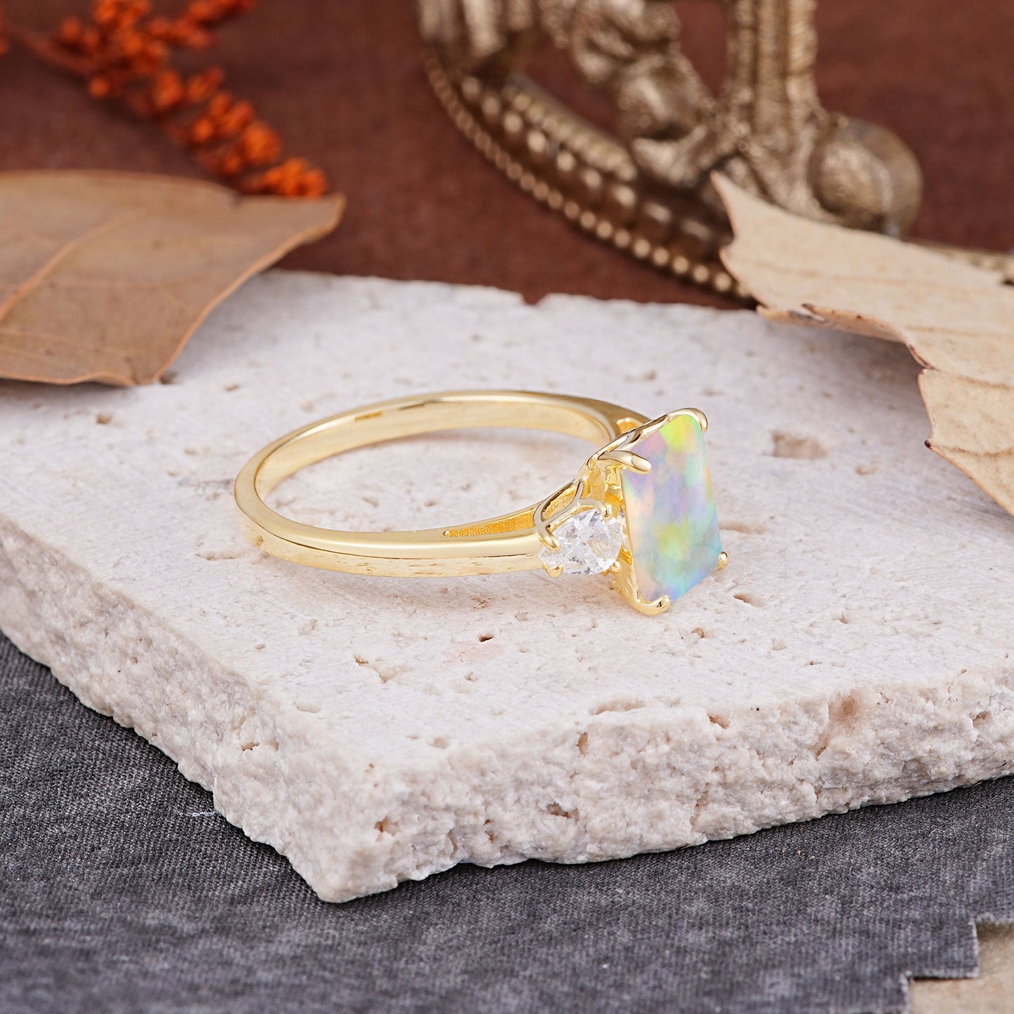 Classic - Style Emerald Cut Opal Engagement Ring