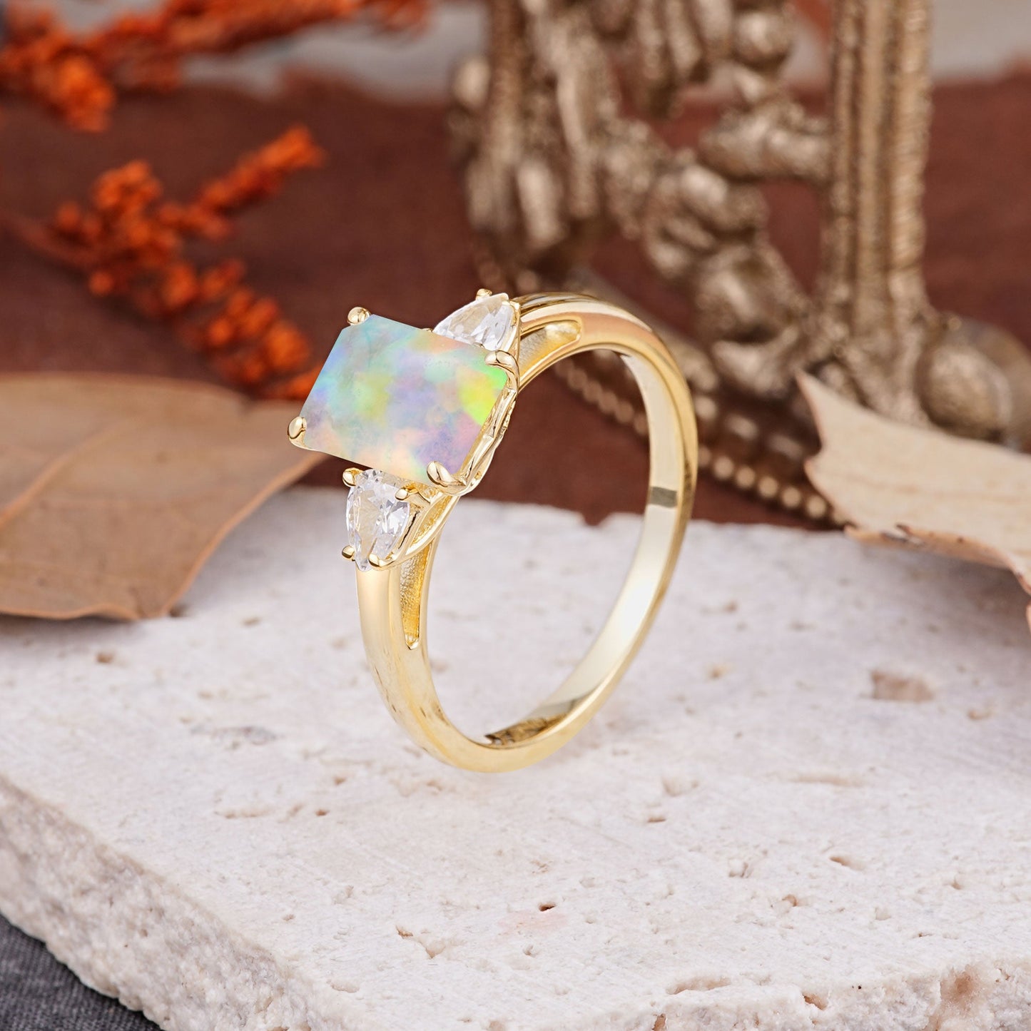 Classic - Style Emerald Cut Opal Engagement Ring