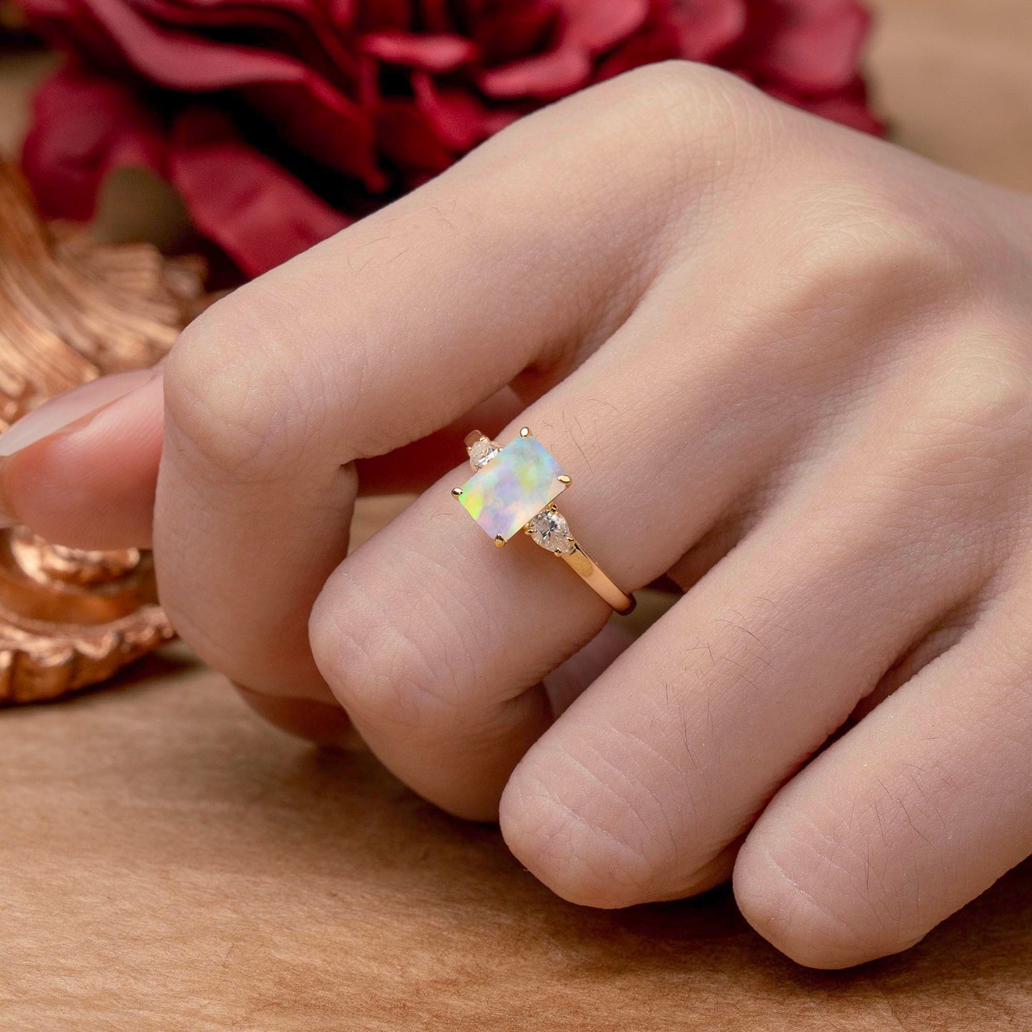 Classic - Style Emerald Cut Opal Engagement Ring