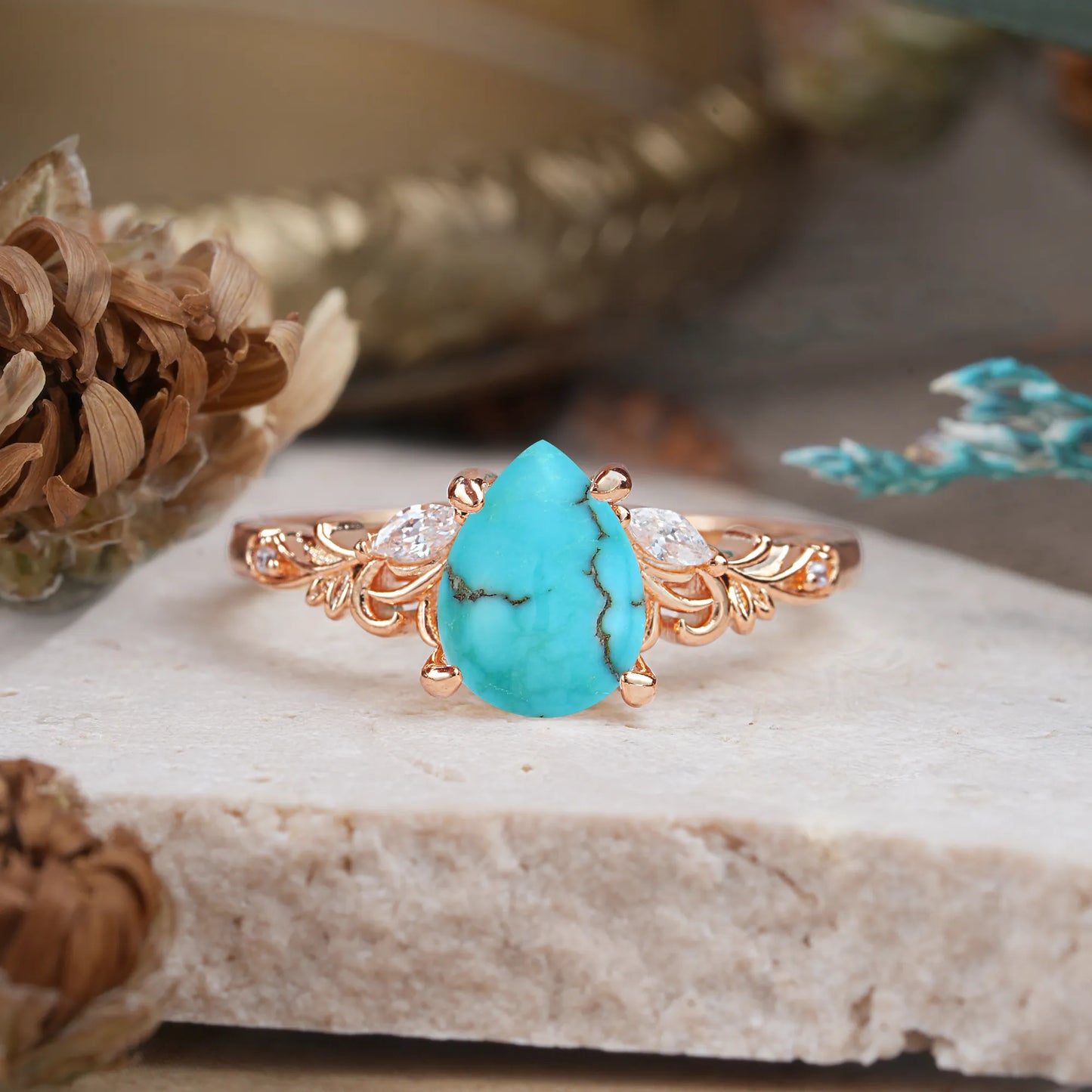 Romantic 4-Prong Pear-Cut Turquoise Engagement Ring