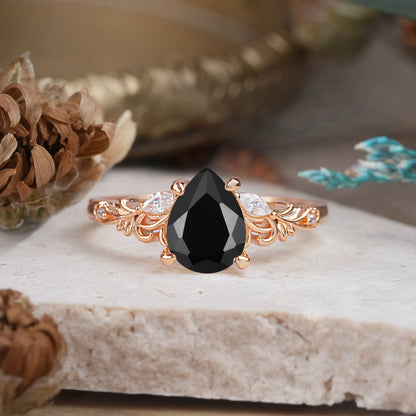 Romantic 4-Prong Pear-Cut Black Onyx Engagement Ring