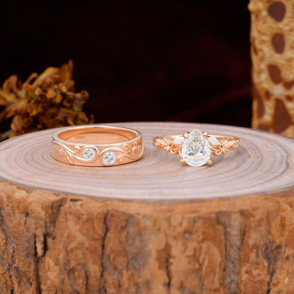 Nature Inspired  Luxurious 4-Prong Pear-Cut Moissanite Engagement Couple Rings