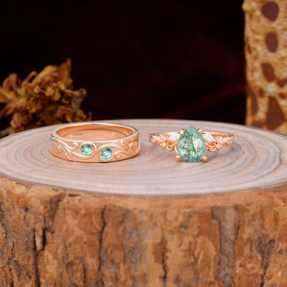 Nature Inspired  Luxurious 4-Prong Pear-Cut Moss Agate Engagement Couple Rings