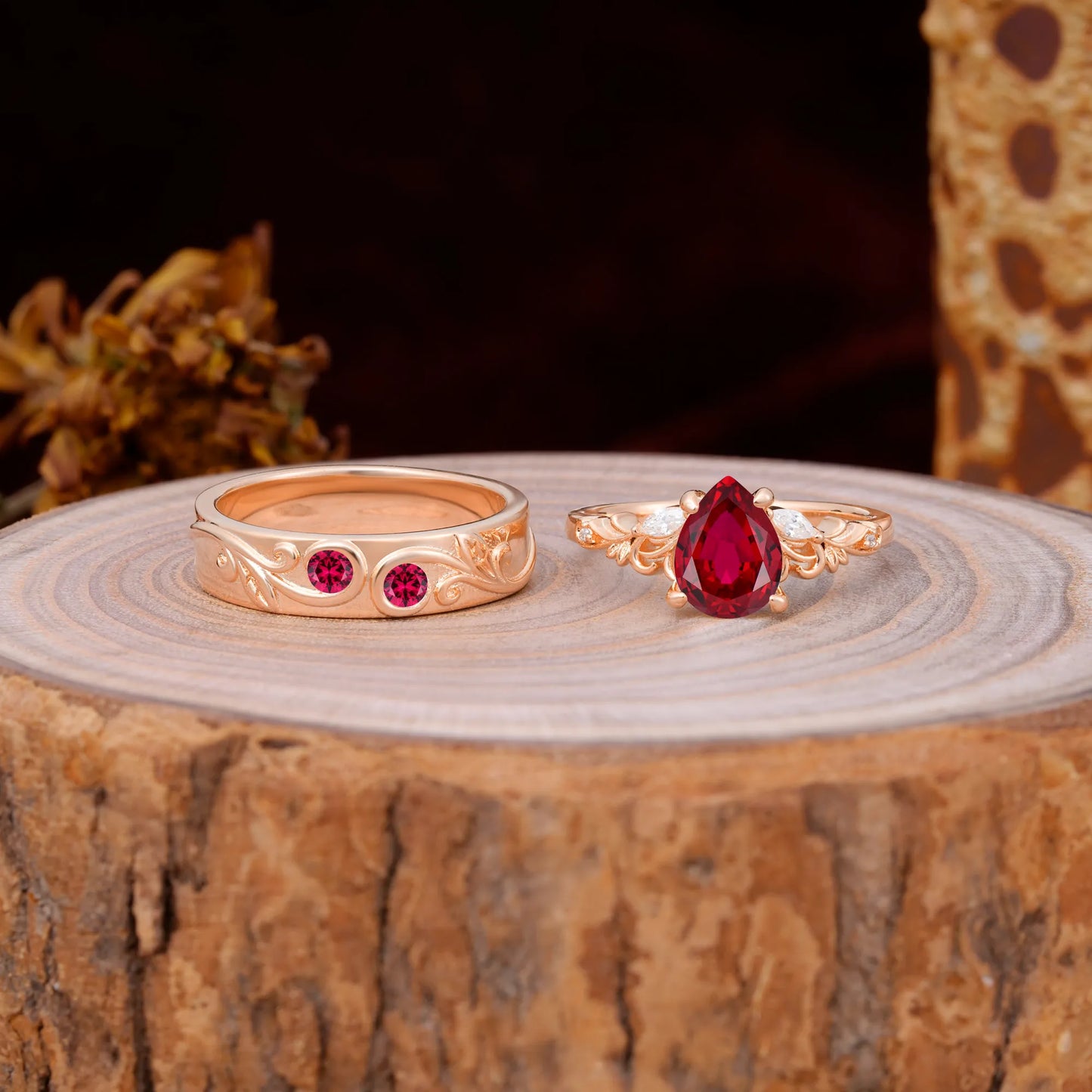 Nature Inspired  Luxurious 4-Prong Pear-Cut Ruby Engagement Couple Rings