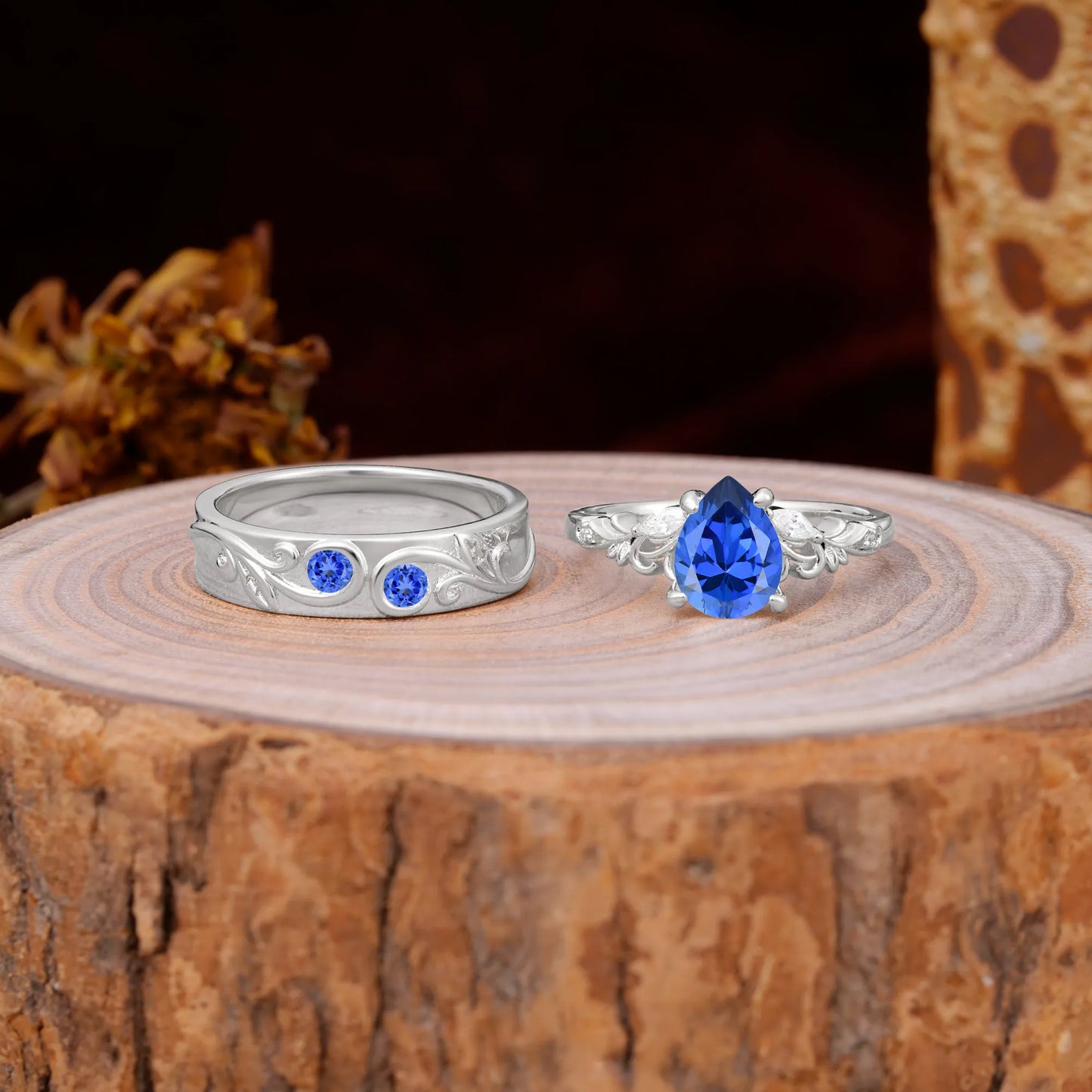 Nature Inspired  Luxurious 4-Prong Pear-Cut Sapphire Engagement Couple Rings
