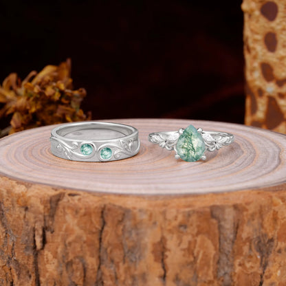 Nature Inspired  Luxurious 4-Prong Pear-Cut Moss Agate Engagement Couple Rings